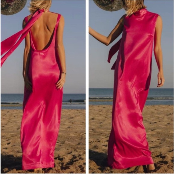 NWT DAILY DRILLS Silky Backless Maxi Dress Gown with Neck Tie Hot Pink Party - Picture 7 of 11